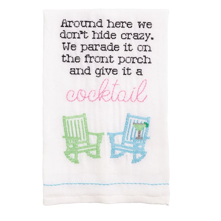 Decorative towel with embroidered text and beach chairs on a white background mud pie towel 
