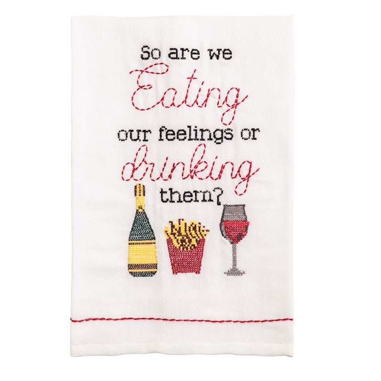 Decorative towel with text and food illustrations on a white background mud pie 
