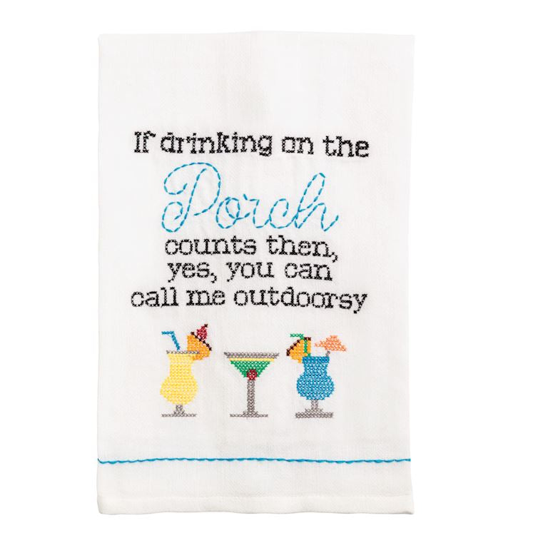 cross stitch towel with saying if drinking on the porch counts then yes you can call me outdoorsy mud pie 