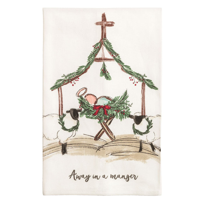 Christmas-themed towel with manger scene and sheep, featuring the text 'Away in a manger'. mud pie towel 