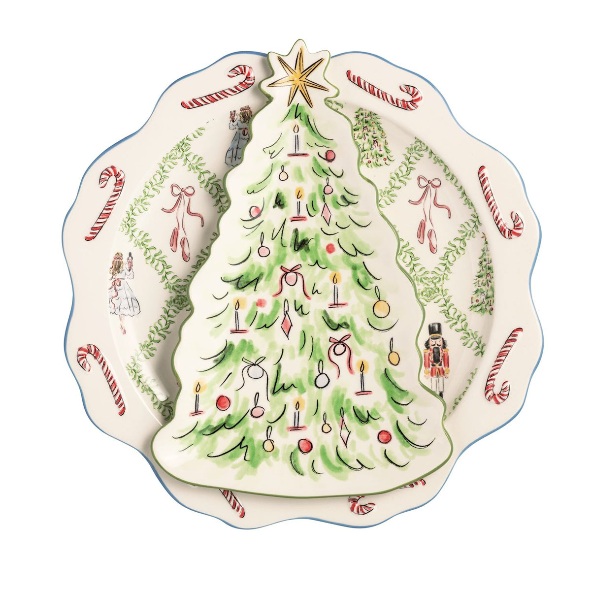 A Christmas-themed ceramic plate featuring a large green Christmas tree with ornaments and a gold star on the front, surrounded by a border of candy canes, bows, holly, and nutcracker illustrations.
mud pie nutcracker tree and nested tray
