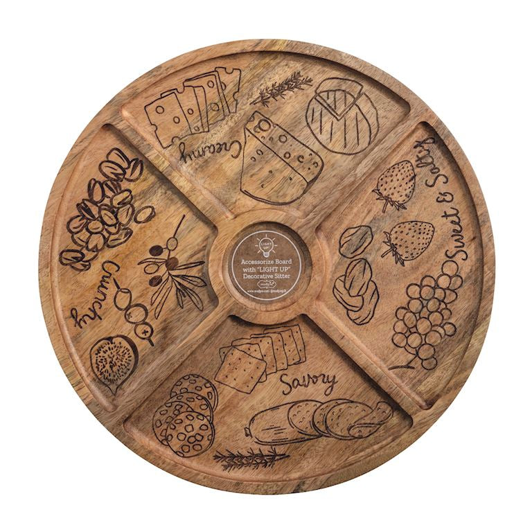 Wooden charcuterie board with engraved sections and text on a white background