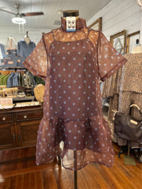 A sheer brown mesh dress with white polka dots displayed on a mannequin inside a clothing boutique. The dress features a high mock neck, short sleeves, and a ruffled hem.
