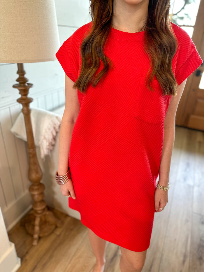 bright red quilted dress