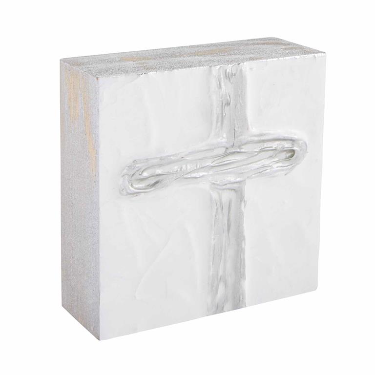 silver painted cross on wood block 