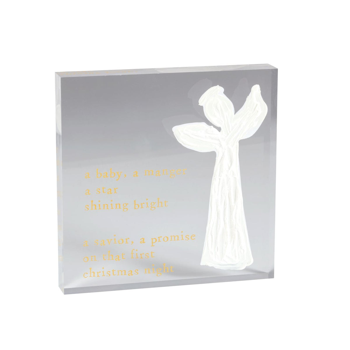 Decorative angel figure in a clear box with text on a white background
