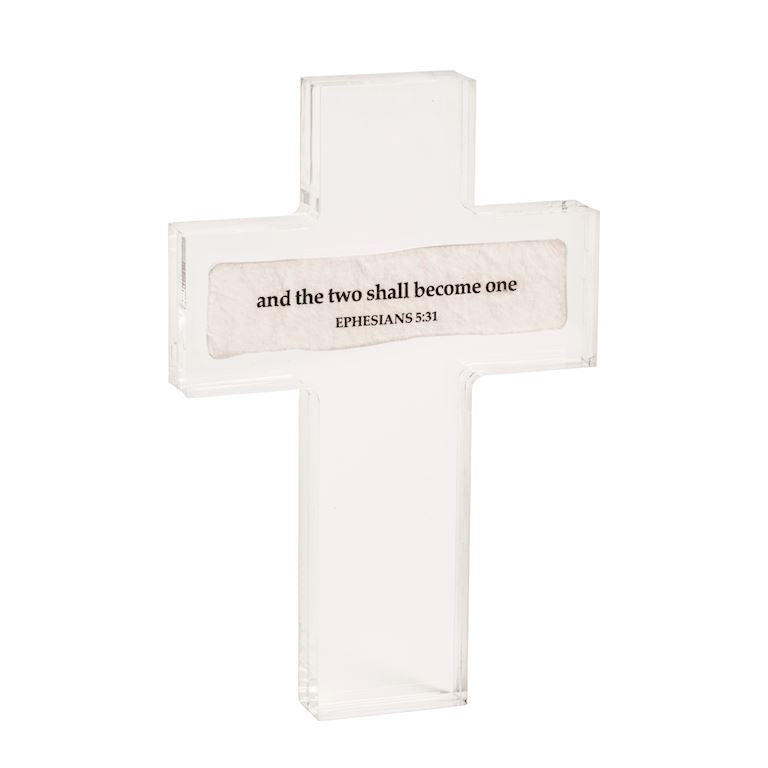 White cross with text 'and the two shall become one' Ephesians 5:31 on a white background