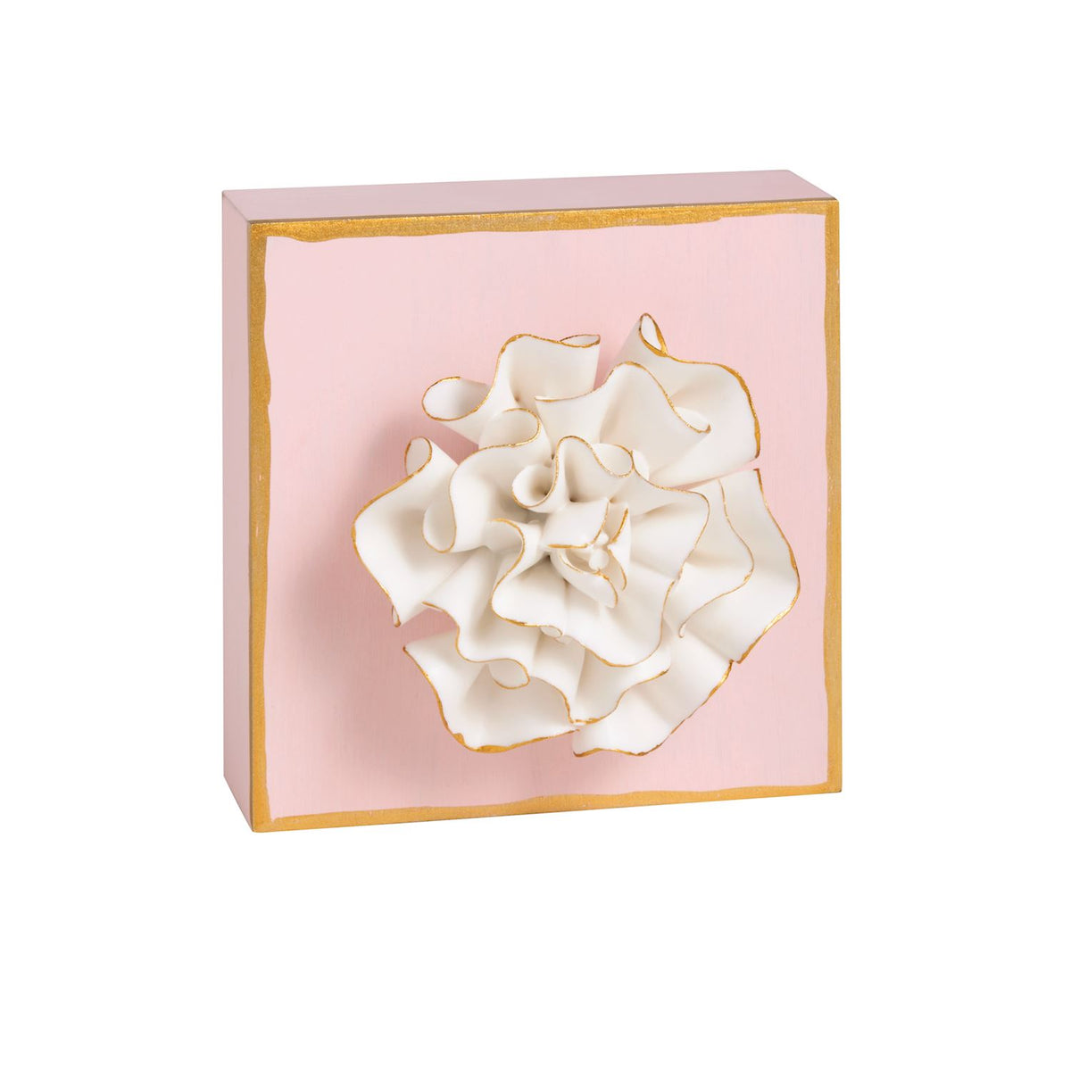 pink hand painted block with plaster white flower on top mud pie 