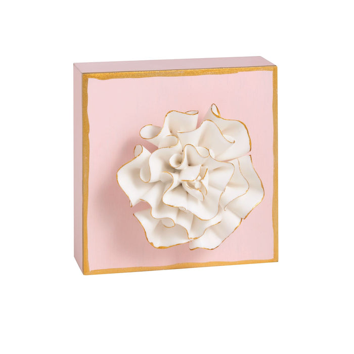 pink hand painted block with plaster white flower on top mud pie 