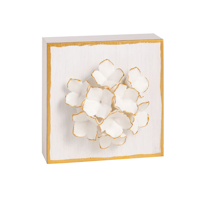 decorative flower on white painted block mud pie can be used as decor or paper weight 