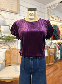 Purple velvet top on a mannequin with a store interior background