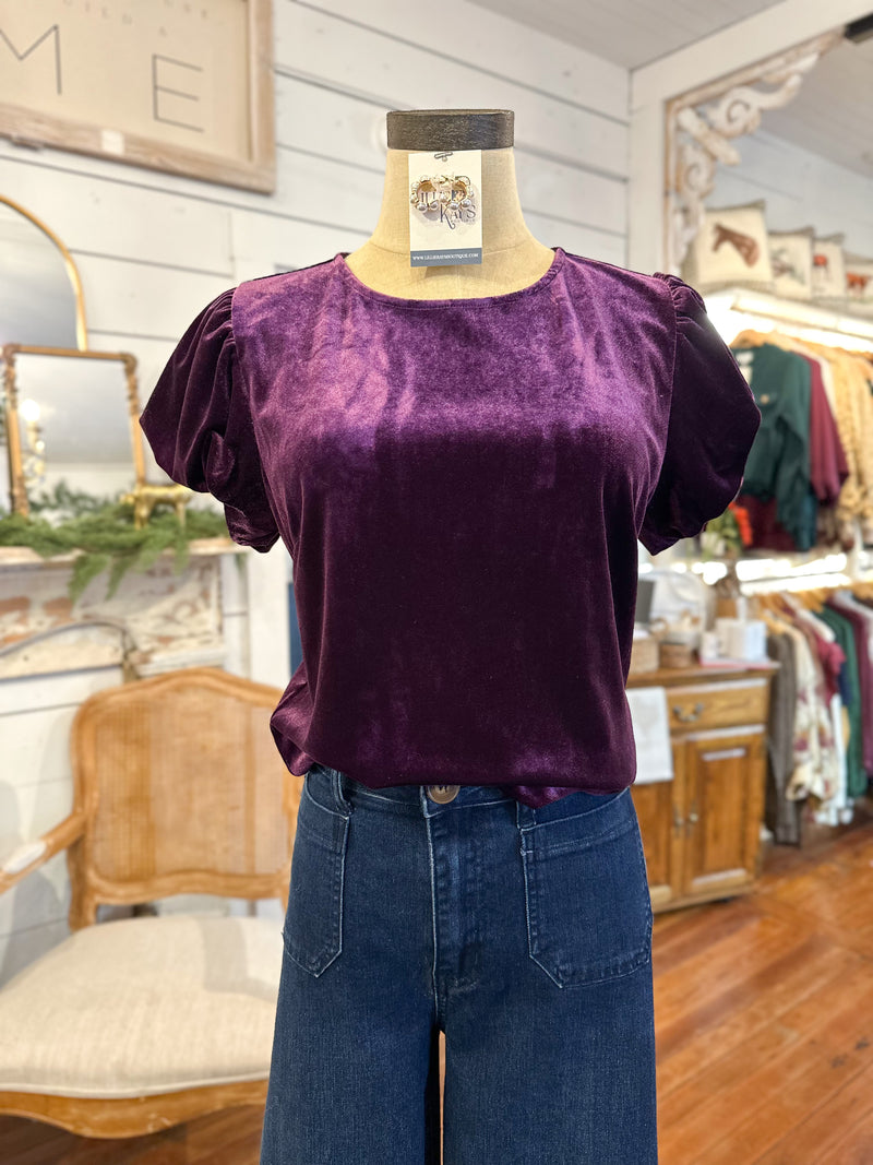 Purple velvet top on a mannequin with a store interior background