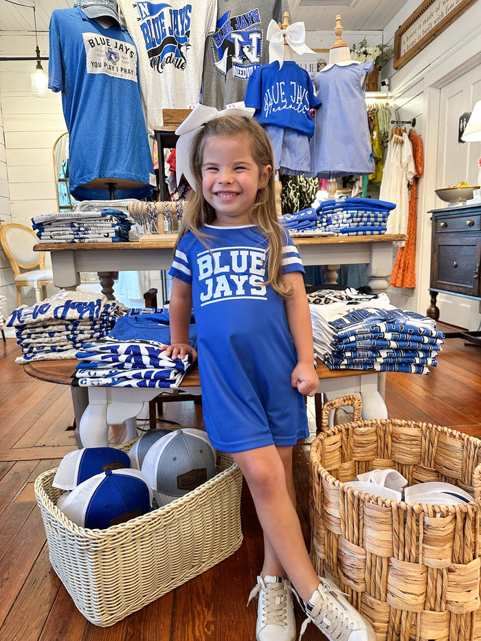Little girl wearing blue blue jay dress 