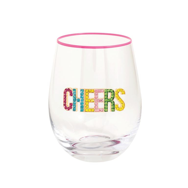 Clear glass with 'CHEERS' in colorful letters and pink rim on a white background
