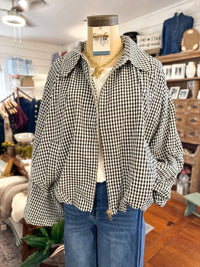 black and white checkered jacket with bubble sleeves
