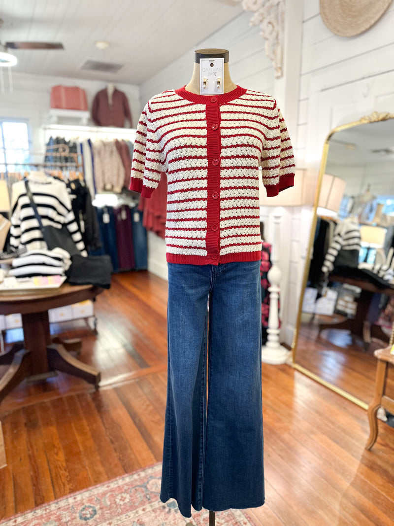 cream and red short sleeve cardigan sweater top
