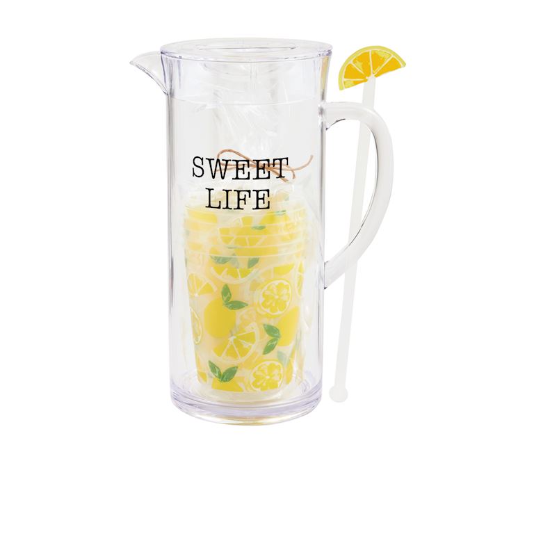 Clear pitcher with lemon design and 'Sweet Life' text on a white background
