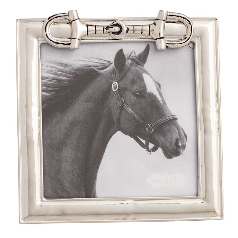 Silver frame with a horse photo and bridle detail on a white background