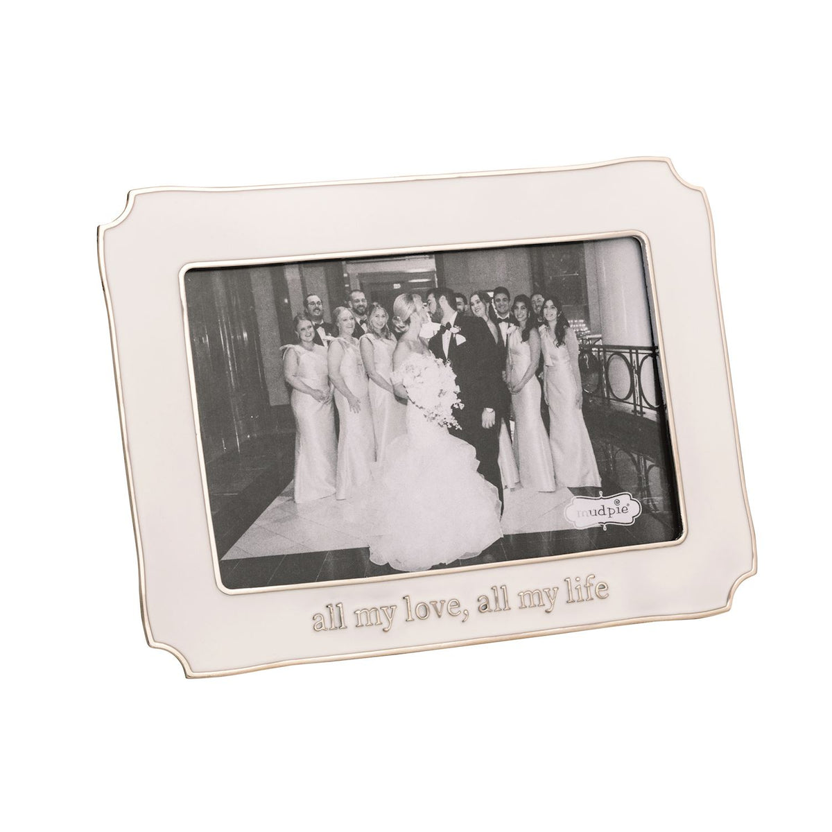 Decorative picture frame with a wedding photo and 'all my love, all my life' text on a white background