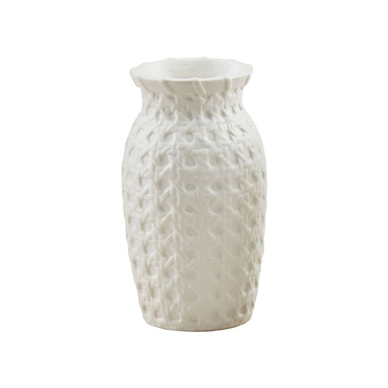 White textured vase on a white background mud pie cane vase 