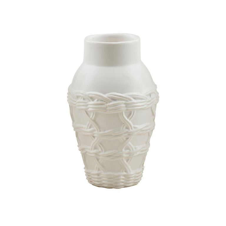 White ceramic vase with woven design on a white background