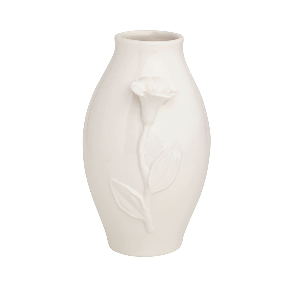 White ceramic vase with floral design on a white background mud pie 