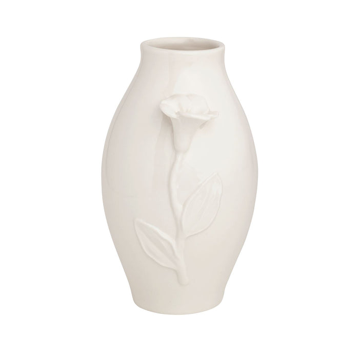 White ceramic vase with floral design on a white background mud pie 