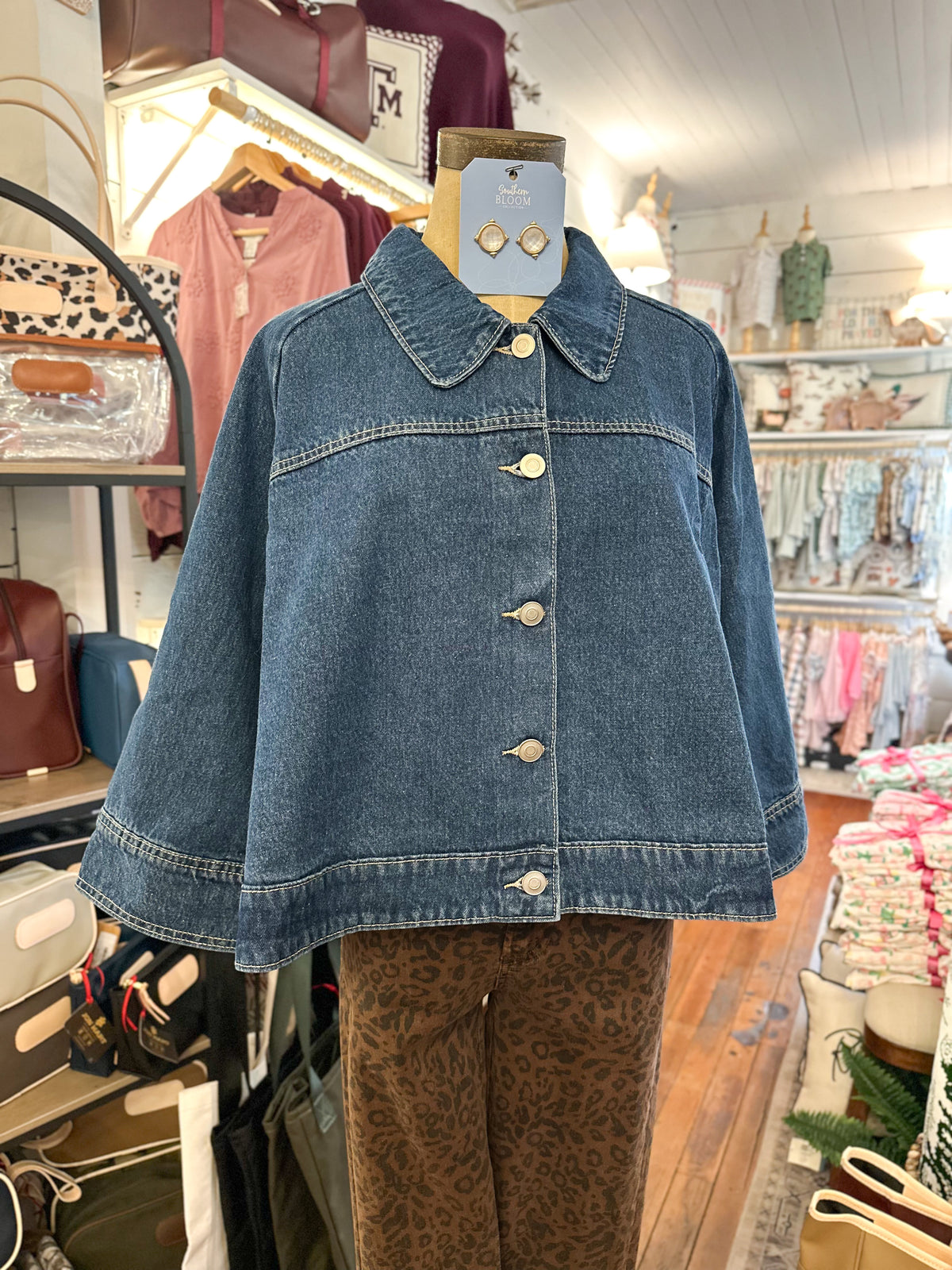 3 quarter sleeve denim button down cape with collar 