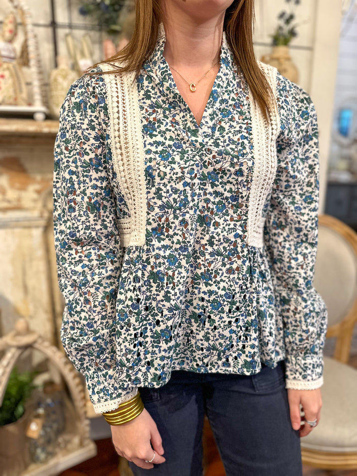 blue and green floral long sleeve with lace details