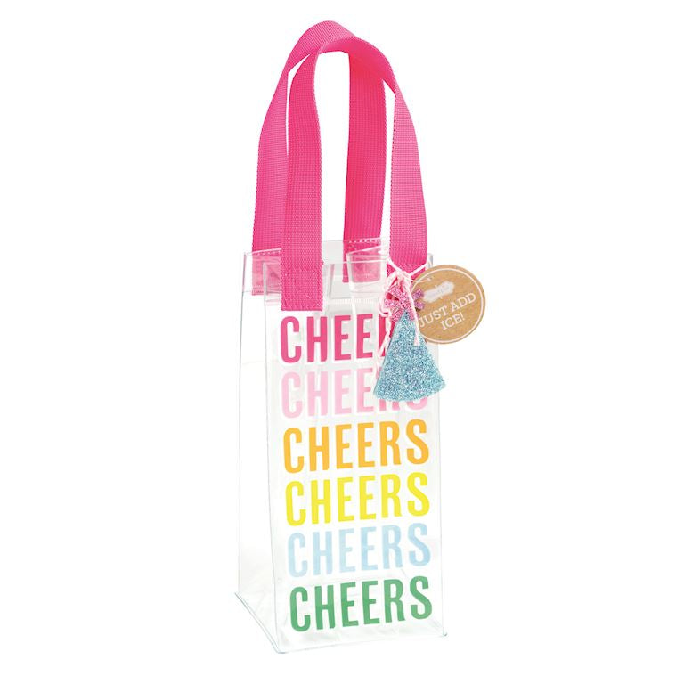 Clear wine bag with colorful 'CHEERS' text and pink handle on a white background