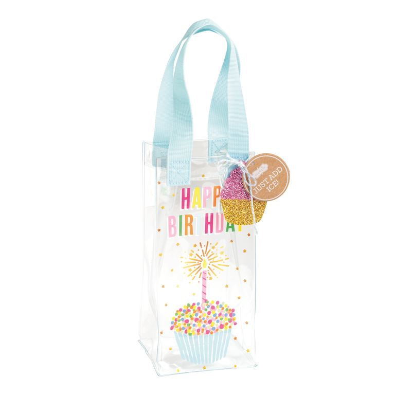 Gift bag with 'Happy Birthday' text and cupcake design on a white background