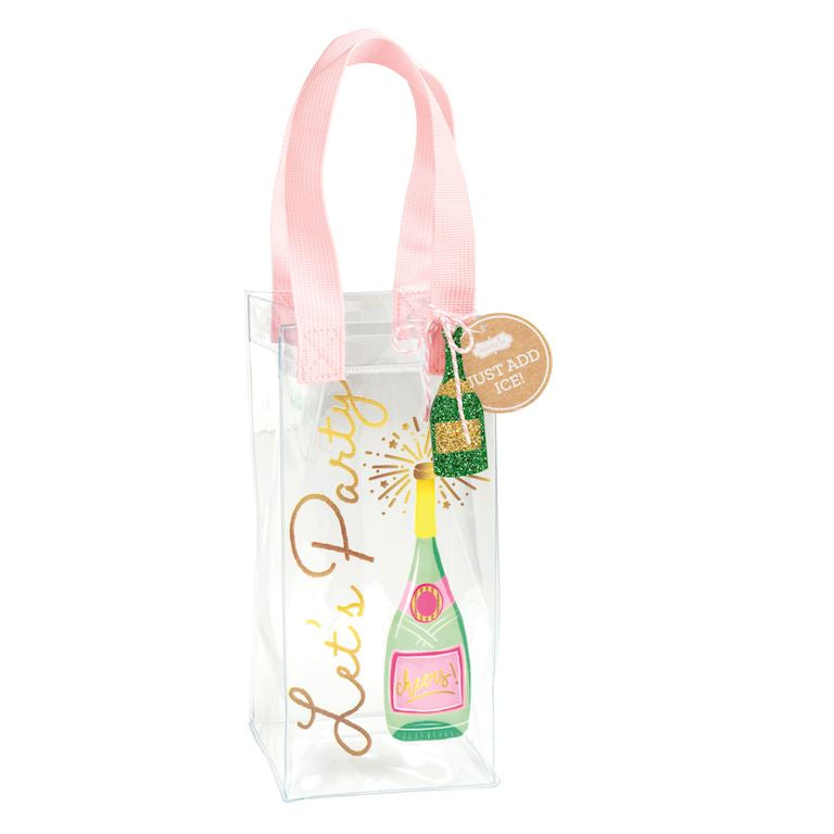 Clear gift bag with pink handle, green champagne bottle design, and 'Let's Party' text on a white background.