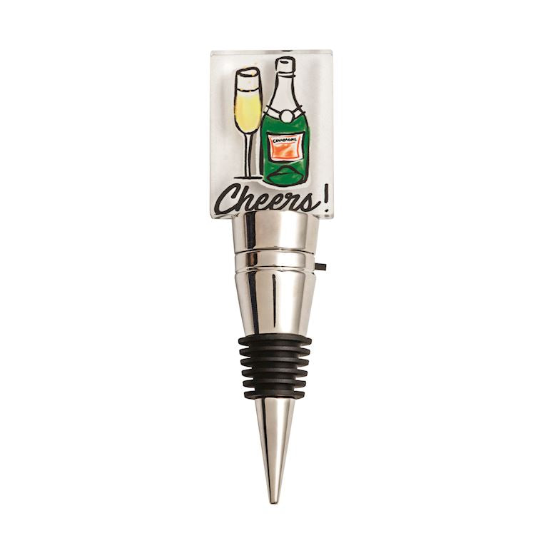 Wine bottle stopper with 'Cheers!' design on a white background