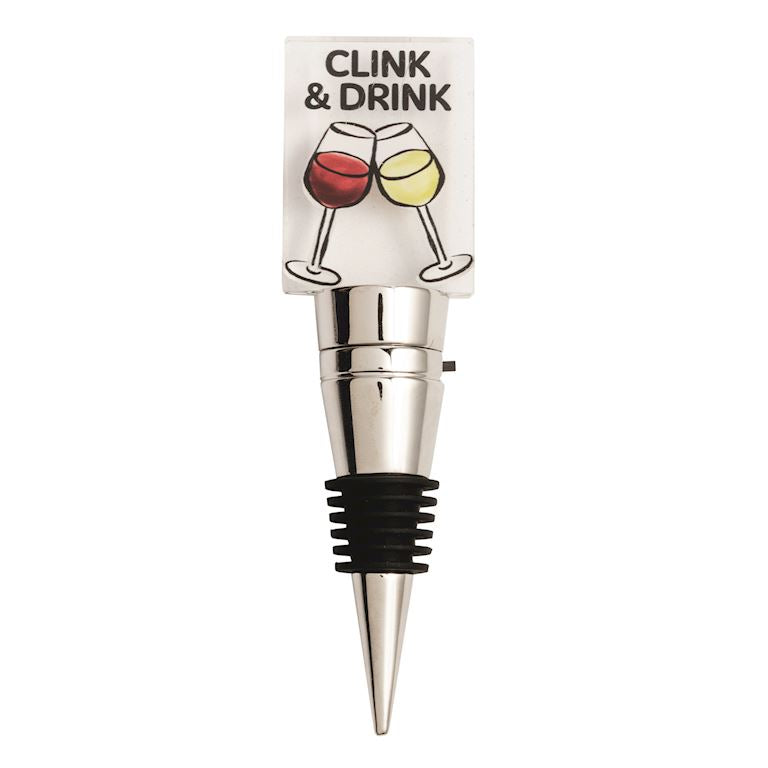 Silver bottle stopper with black rubber gasket on a white background, featuring a card with 'Clink & Drink' text and wine glass illustrations.