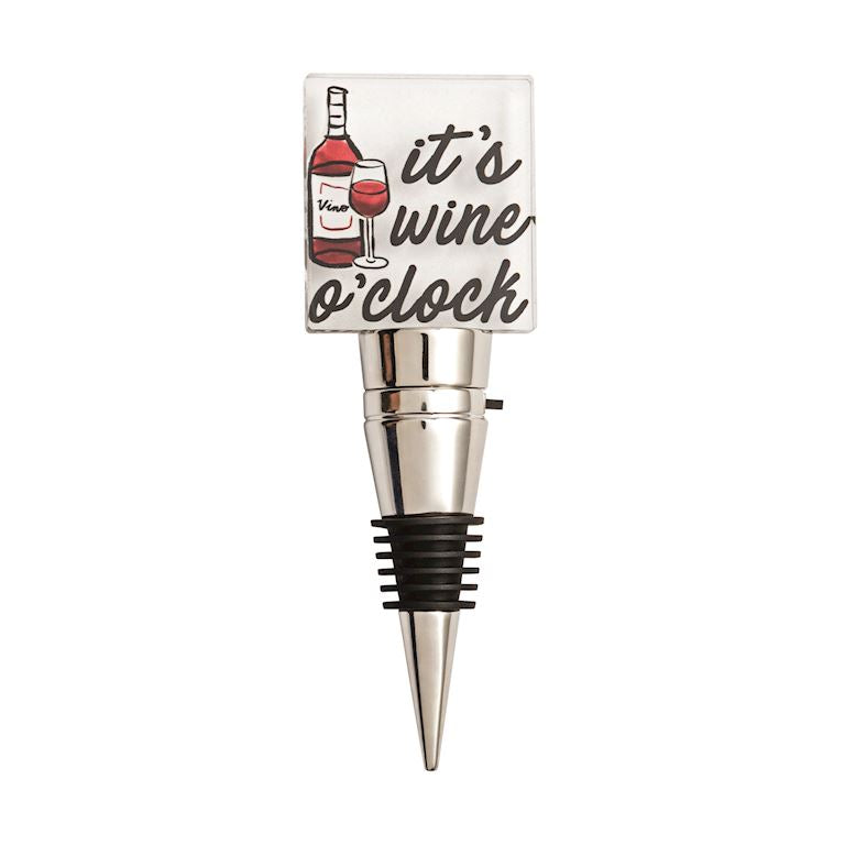 Wine bottle stopper with a humorous label on a white background
