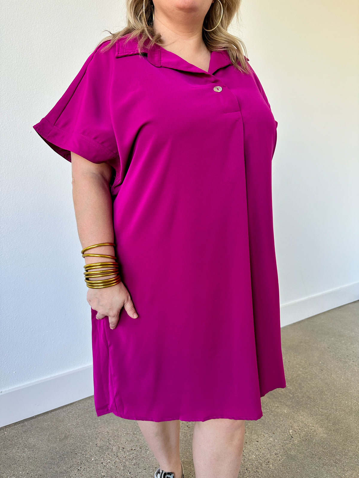 magenta pink plus size dress with top buttons and collar