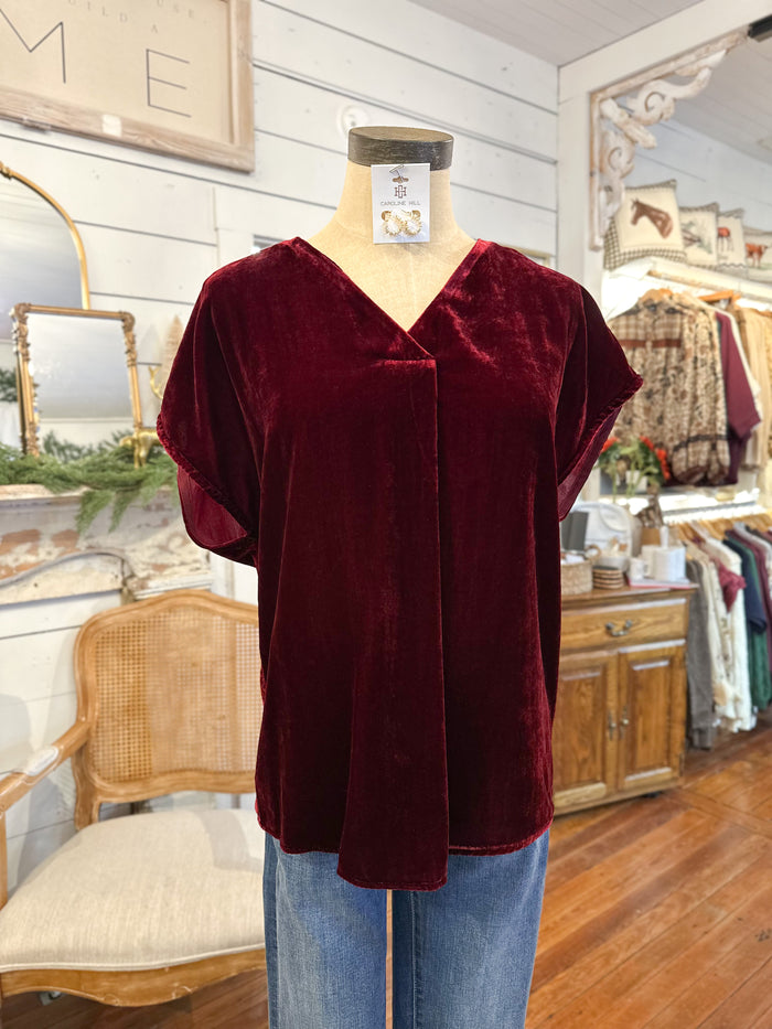 Burgundy velvet top on a mannequin in a store setting dear john kristen top 