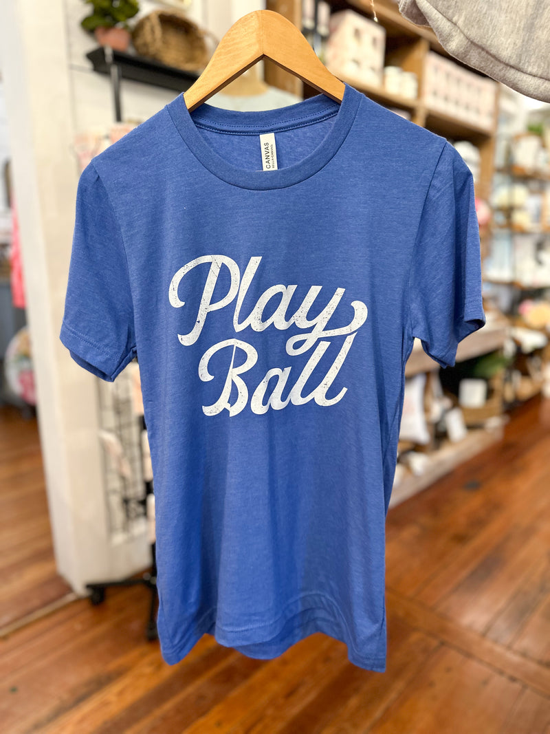 play ball tee on heather blue tee