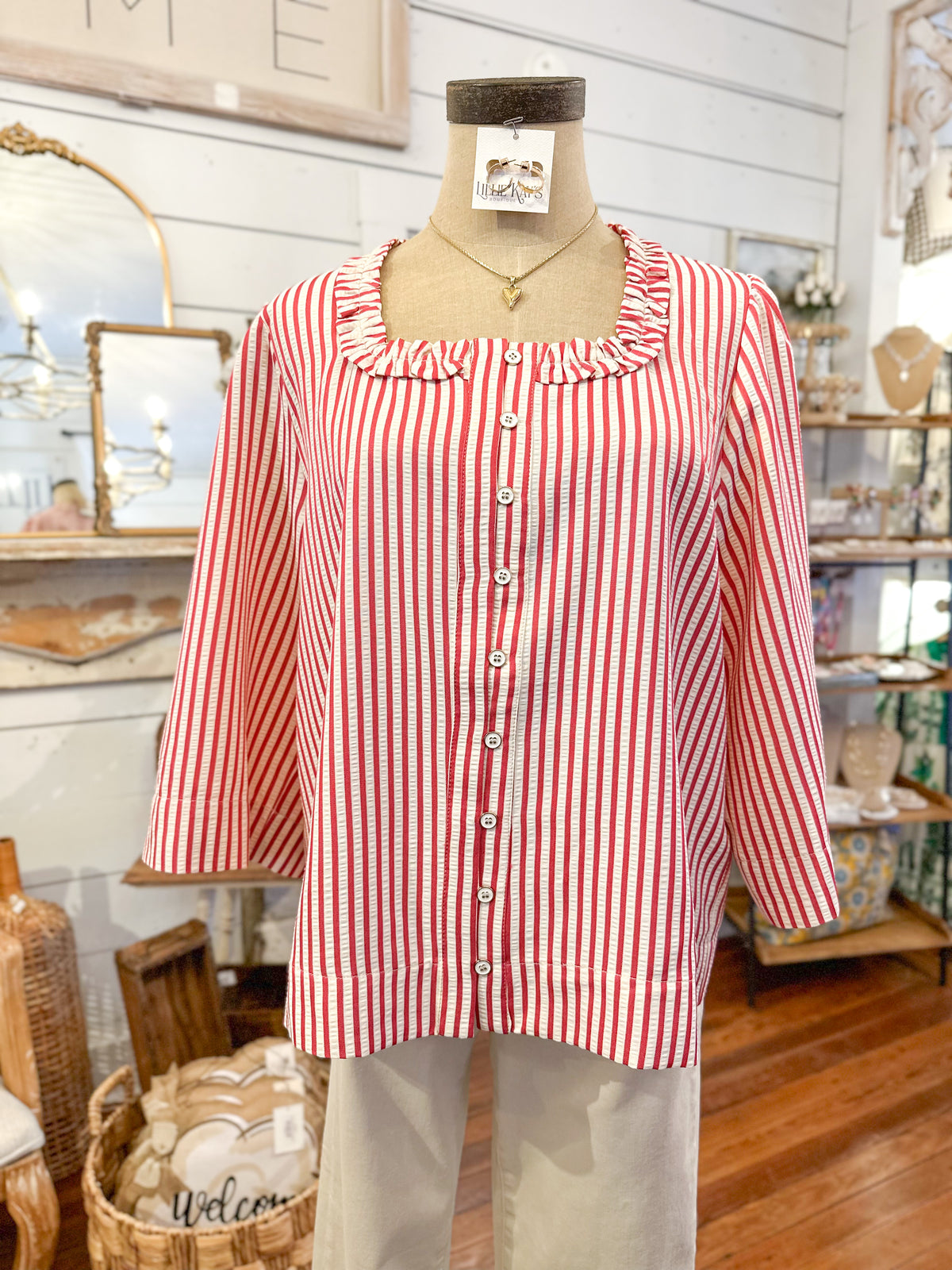 red stripe square neck button down blouse 