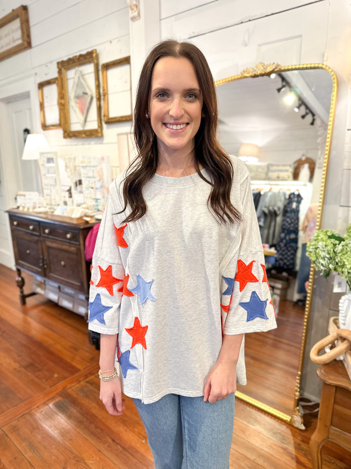heather grey relaxed fit top with stars applique designs easel brand