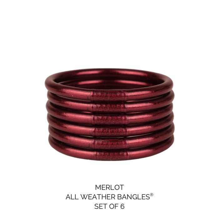 Set of six merlot-colored all-weather bangles on a white background