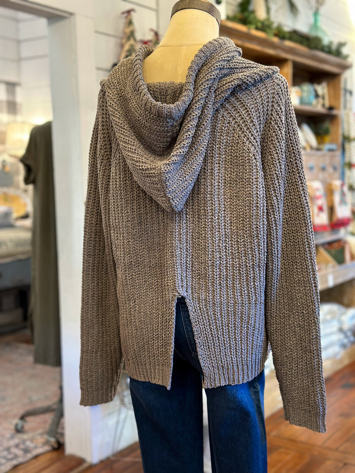 grey/brown soft pullover top with hood