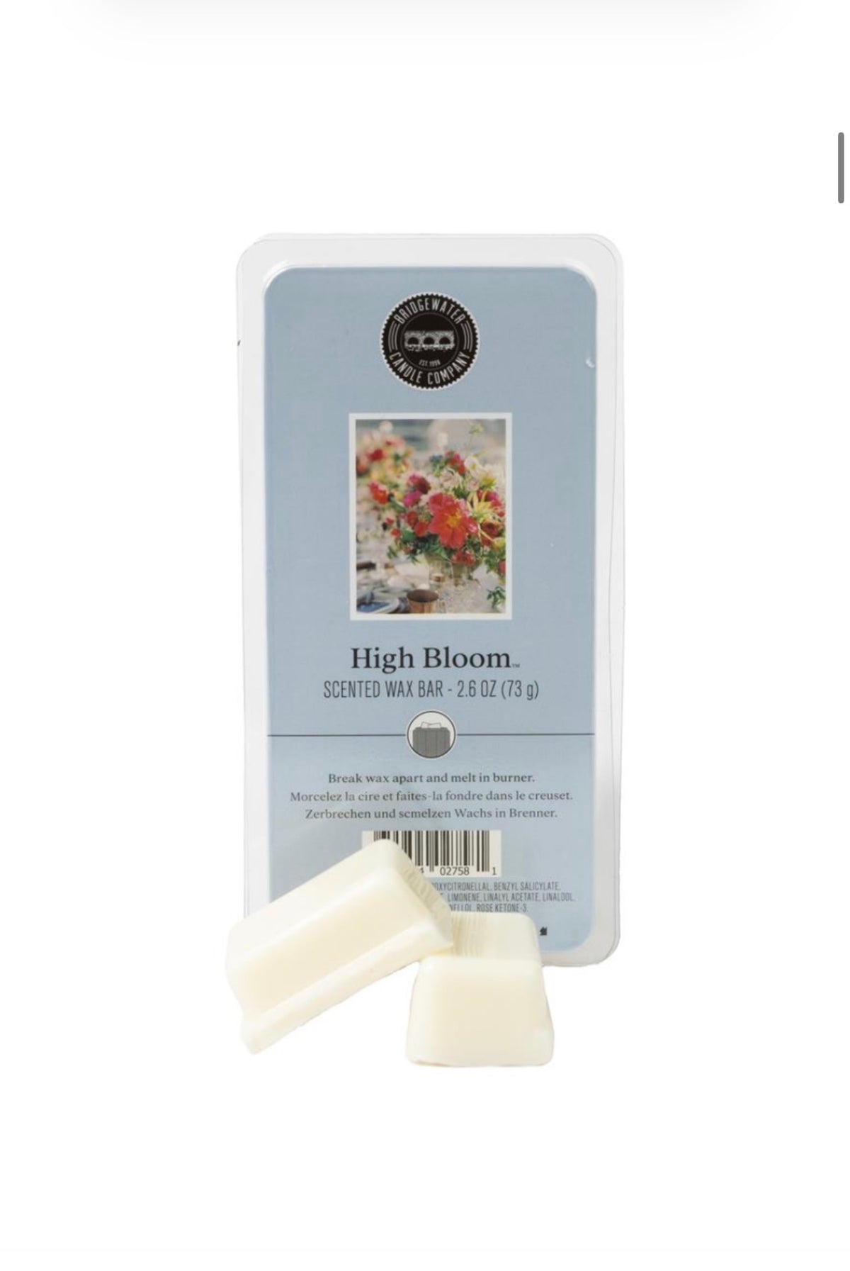 Scented wax bar with packaging labeled 'High Bloom' on a white background
