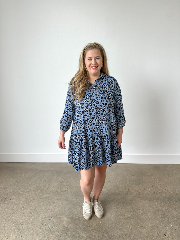 blue printed ruffle dress with buttons