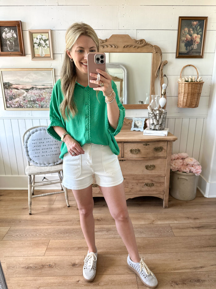 umgee green flowy top button down 