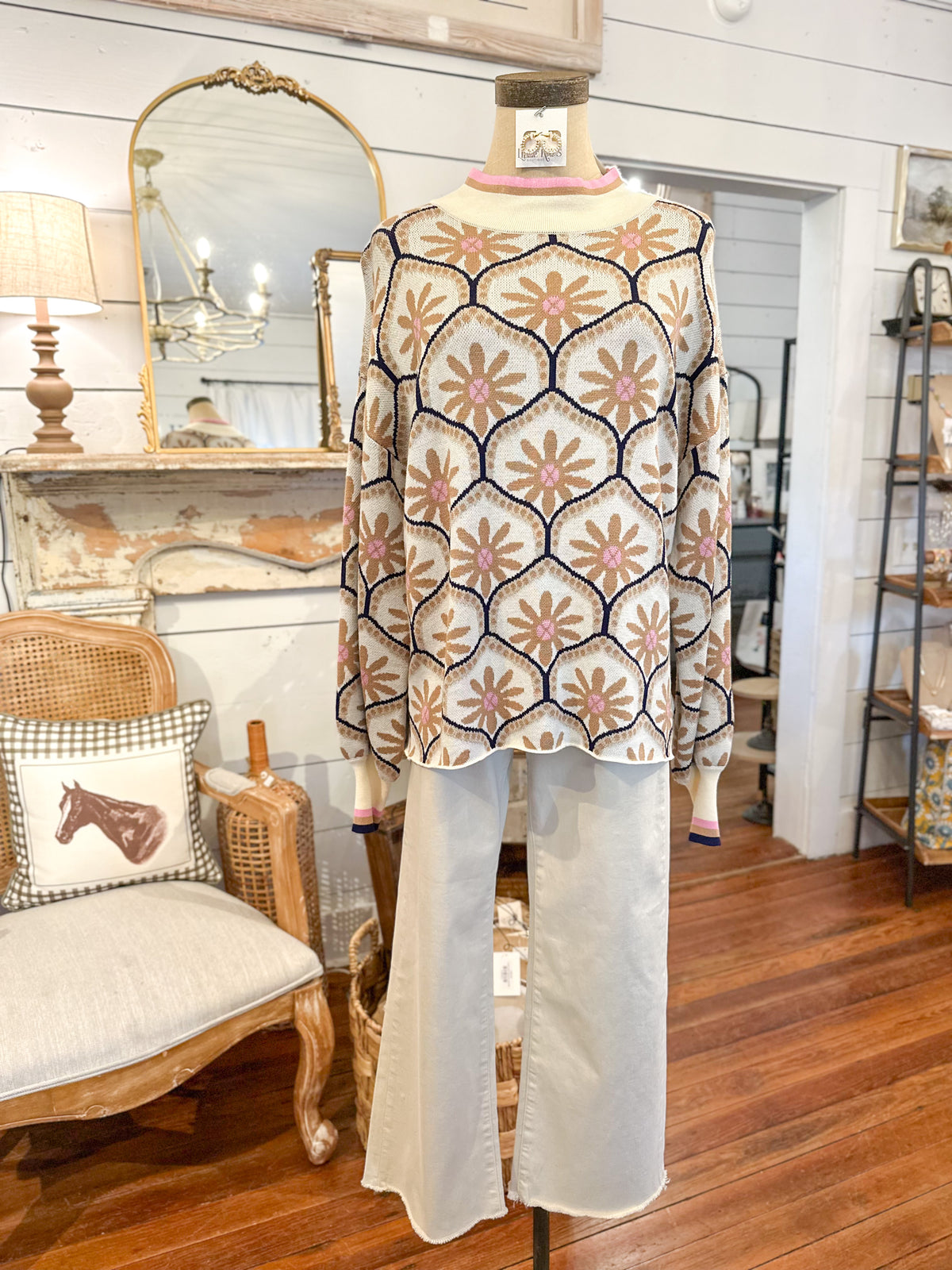 tan floral navy outlined long sleeve sweater top 