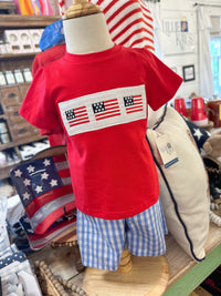 american flag applique short and top set blue checkered shorts 
