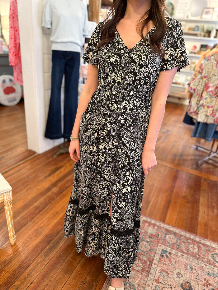black and cream print maxi dress with short sleeves