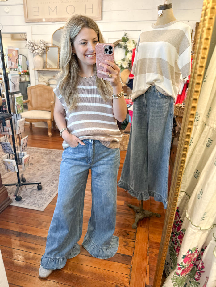 light wash ruffle hem jeans 