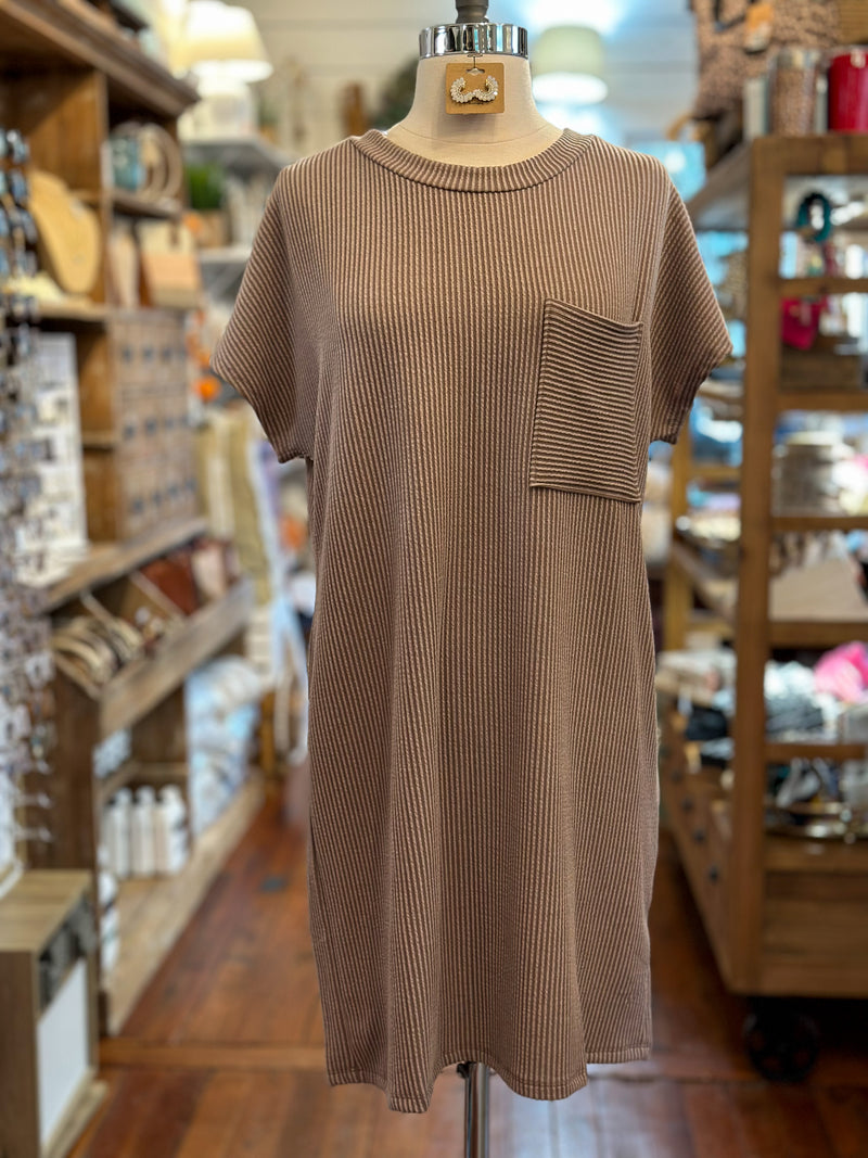 tan ribbed tshirt dress with front pocket